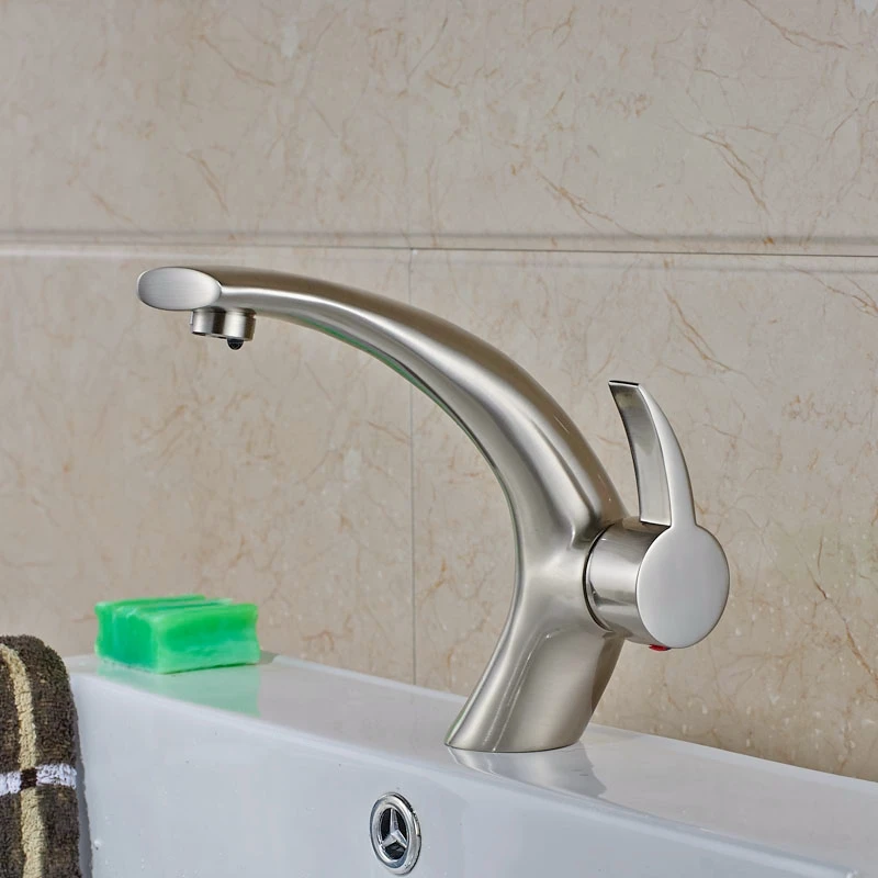 

Widespread Brushed Nickle Swan Spout Mixer Faucet Bath Sink Tap One Hole Deck Mounted