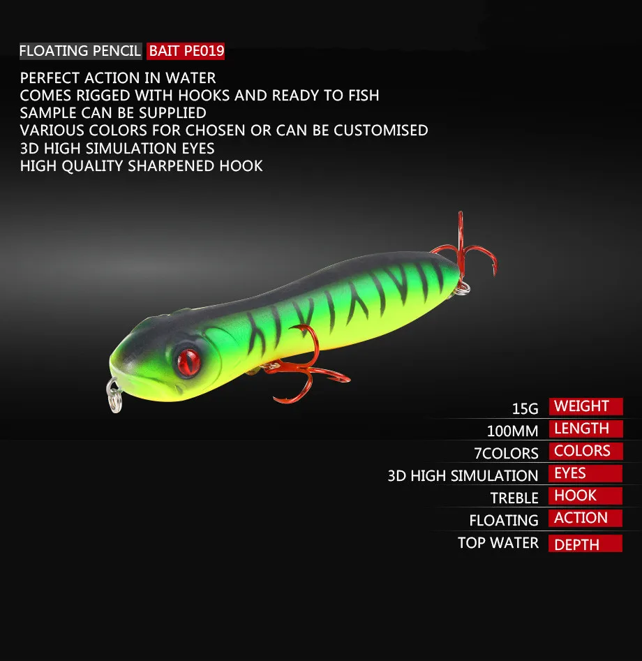 NEW HOT Pencil 100mm 15g floating fishing bait hard bait slowly bastard bait high quality Swim swing lifelike Bionic noise bait