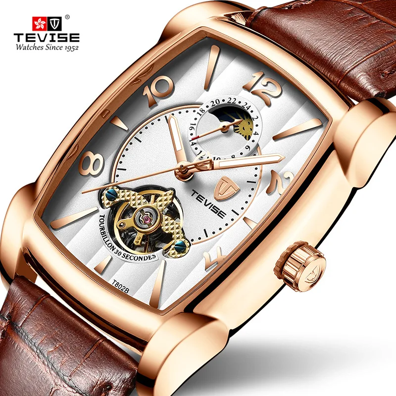 

Men Watches Moon Phase Tourbillon Rectangle Wristwatch Mens Waterproof Luminous Automatic Tevise Mechanical Leather Clock