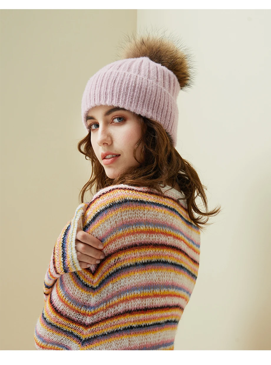 Woman Winter Hat Imitation Mink Fur Slouchy Beanie Thick Warm Turban Femme Straight Crochet Wool Hat Fur Pompom Skullies Beanies (9)
