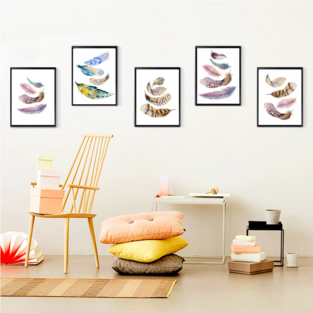 Watercolor Feather Minimalist Art Canvas Poster Painting Wall Picture