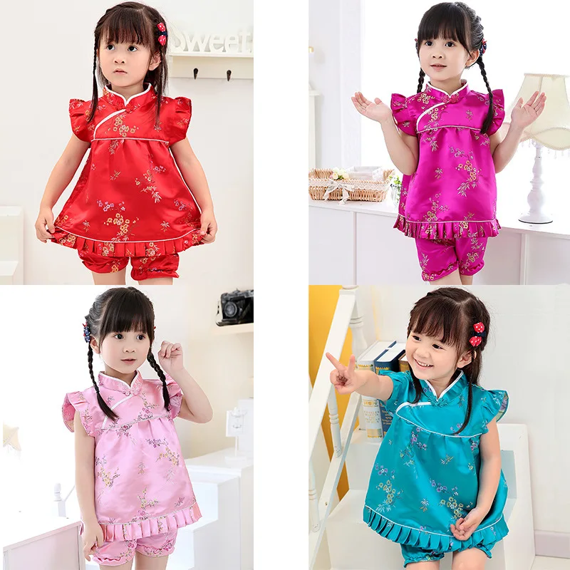 

2020 New Summer Floral baby girls clothes sets outfits infant suits New Year Chinese tops dresses short pants Qipao cheongsam