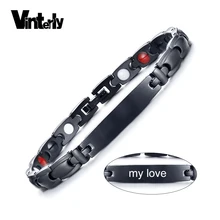 Vinterly, черные ID браслеты для женщин и мужчин, браслет из нержавеющей стали с гравировкой, Женский энергетический магнитный браслет, преимущества