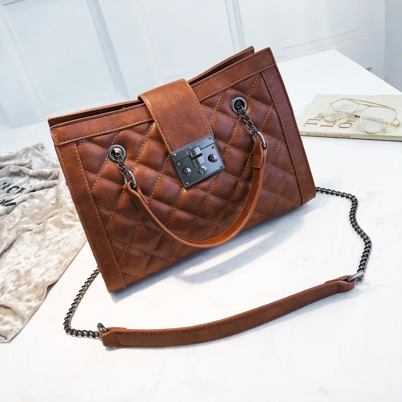 

European style retro handbags 2018 Fashion High-quality PU leather Women's Designer Handbag Black Tote bag Chain shoulder bag