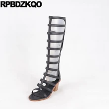 Высокие сапоги Открытый носок Римский коренастый черный дамы на каблуке ботинки Роскошные бренды обувь женщины летние гладиатор китайский мода женский длинный женская