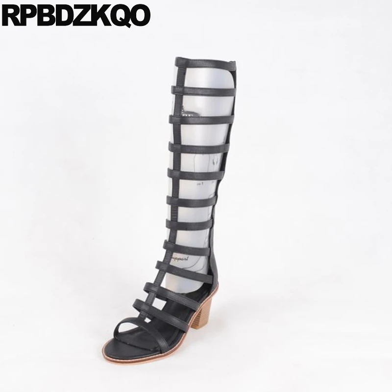 

2017 Knee High Open Toe Roman Chunky Black Ladies Heel Boots New Luxury Brand Shoes Women Summer Gladiator Fashion Female Long