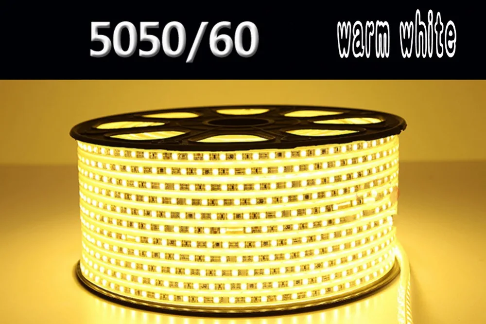 Водонепроницаемая SMD 5050 Светодиодная лента AC220V теплая белая гибкая светодиодная лента 60 светодиодов/метр наружное садовое освещение с европейской вилкой питания