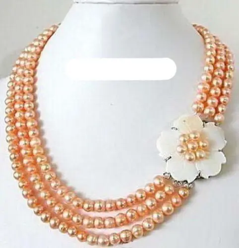 

3 Rows Real Pink Pearl White Shell Flower 18KWGP Clasp Necklace HUFDU45545 ##a #a