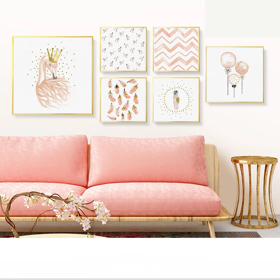 

Printing Nordic Style Paintings Cartoon Pink Balloon Flamingo Feather Poster Decoration For Girl Room Or Bedroom Wall Art Canvas
