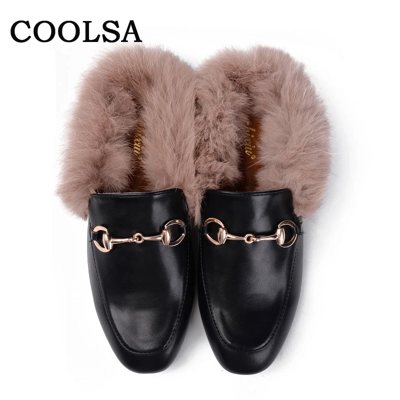 

Coolsa Women Fur Slippers Plush Slip On Mule Flat Casual Shoe Rabbit Hair British Buckle Loafer Indoor Outdoor Slipper Chaussure