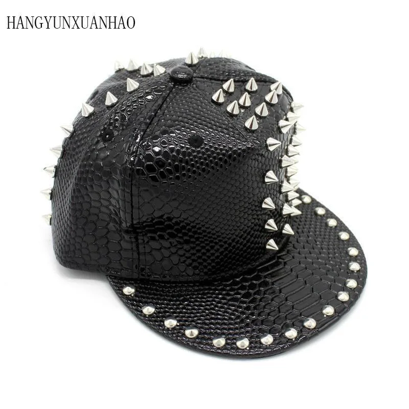 

High Quality Snakeskin Grain Rivet Leather Baseball Cap Men Women Spike Studs Rivet Cap Hat Punk style Rock Hip hop Hats