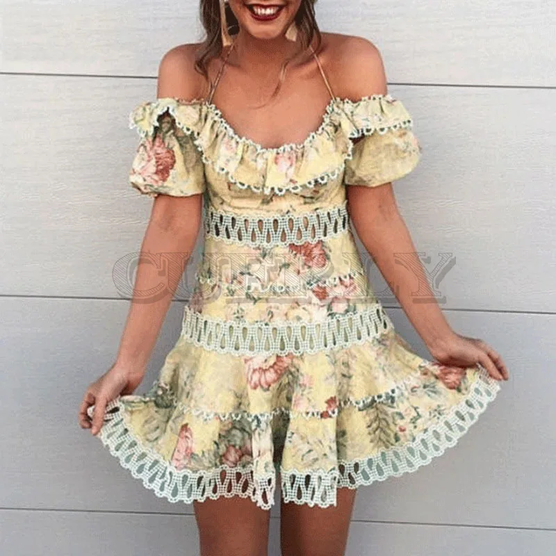 

Cuerly 2019 summer jacquard lace dress women hollow out crochet mini dress off shoulder female vestidos party club dress L5