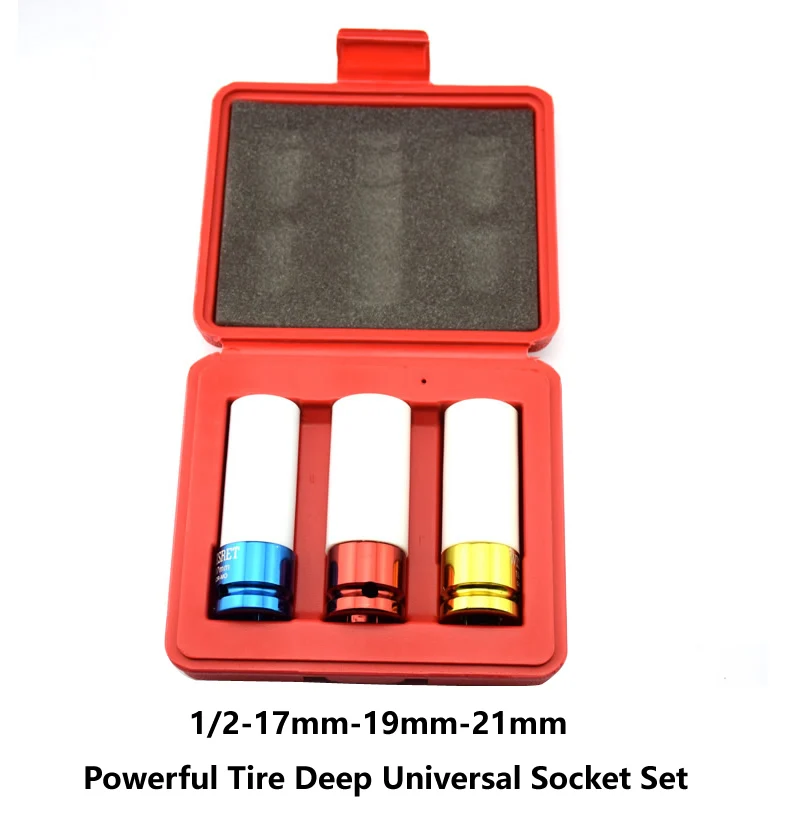 

1/2"Dr. Powerful Tire Deep Universal Socket Set 3pcs DR-MO 17 19 21mm tyre wheel hubprotection Impac sockets Auto repair tools