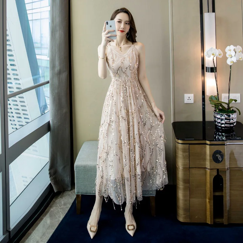 

Casual Sundress for Women Spaghetti Strap Backless Sequin Dress Summer 2019 Women Corset Big Swing Midi Long Dress Plus Size