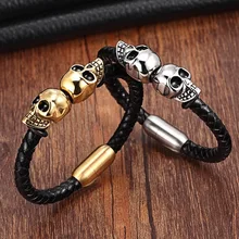 Retail Fashion Genuine Leather Punk Skull Man bracelets & bangles bracelet for jewelry with color protection