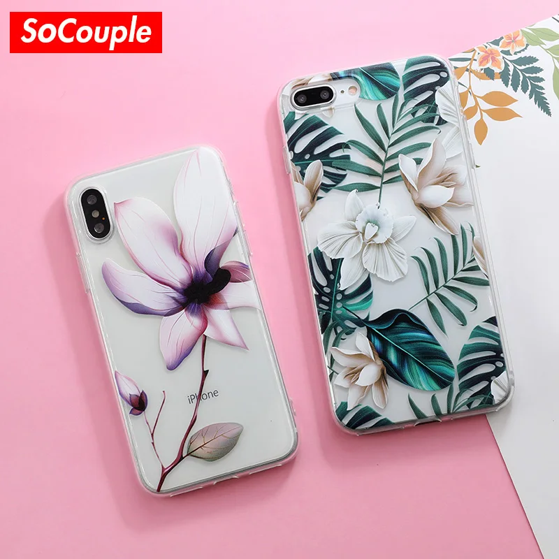 

SoCouple Silicone Phone Case For iPhone 7 8 6 6S Plus Case Soft TPU Cover Flower Leaves Plants For iPhone X Xs max XR