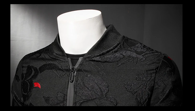 Жаккардовая вышивка черный курточка бомбер для мужчин демисезонный повседневная мужская куртка пальто цветок Slim Fit узор куртка 5xl