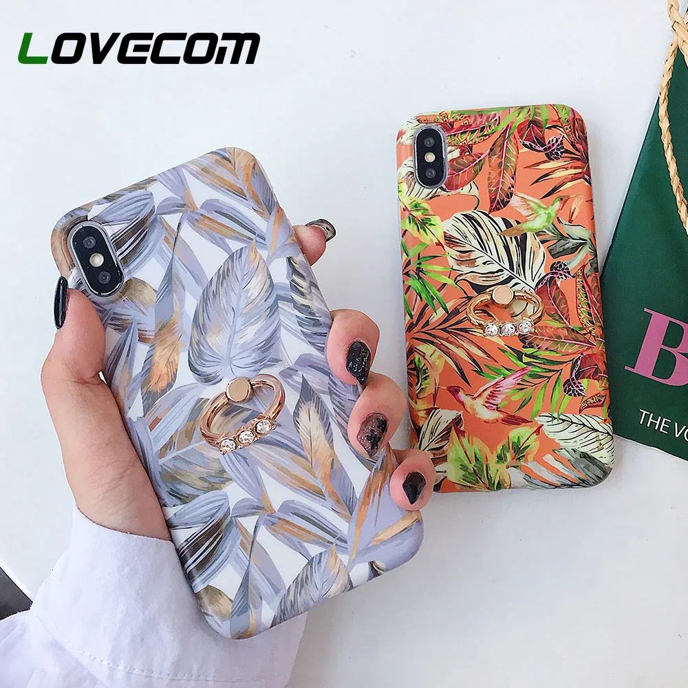 

LOVECOM Retro Art Flower Leaves Case For iPhone XR XS Max X 8 7 Plus 6S Plus Matte Soft IMD Finger Ring Crystal Phone Back Cover