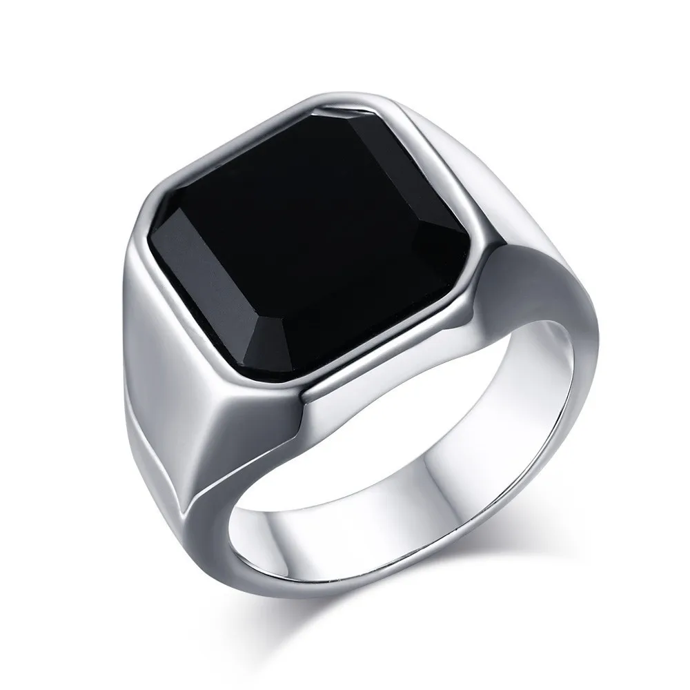 Черный оникс перстень мужские из нержавеющей стали классические простые серебряные квадратные мужья мужчины Anel - Цвет основного камня: silver