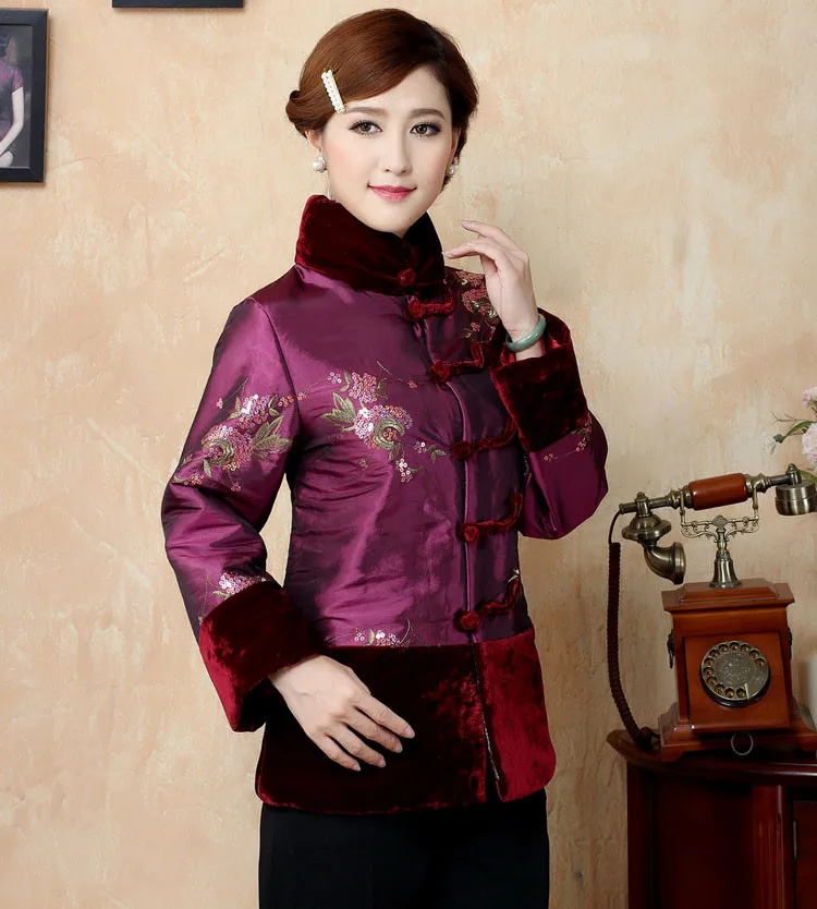 Новинка Китайская традиционная Для женщин зимние сатин вышивает цветок блестки стеганая куртка пальто M, L, XL, XXL 3XL 4XL TF 010