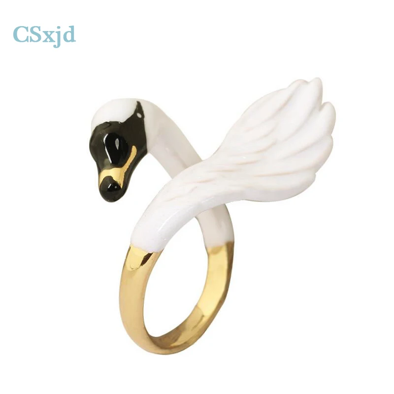 

CSxjd Copper design Gold color Rings Luxury exquisite Cute White Swan enamel rings fashion hyperbole ring