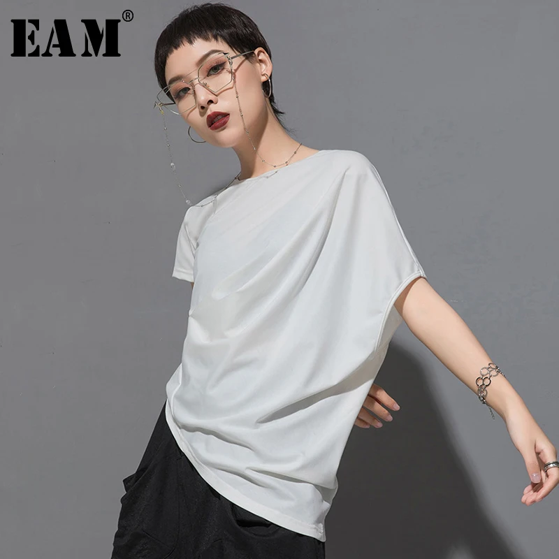 

[EAM] 2019 New Spring Summer Round Neck Short Sleeve Black Irregular Fold Pleated Irregular T-shirt Women Fashion Tide JT616