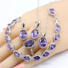 Классический фиолетовый кубический цирконий 925 серебряные ювелирные наборы браслеты серьги ожерелье кулон кольца для женщин подарочная коробка