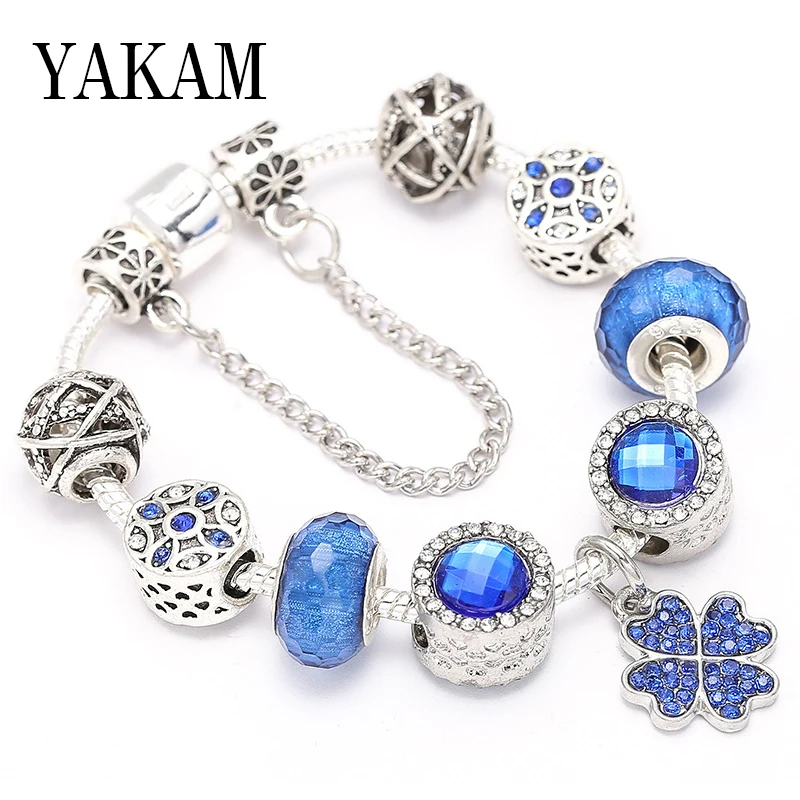 

Fit Original European Bracelet Pulsera 2019 Summer DIY Clear CZ Blue Glass Crystal Beads Heart Clover Dangle Women Gift Berloque