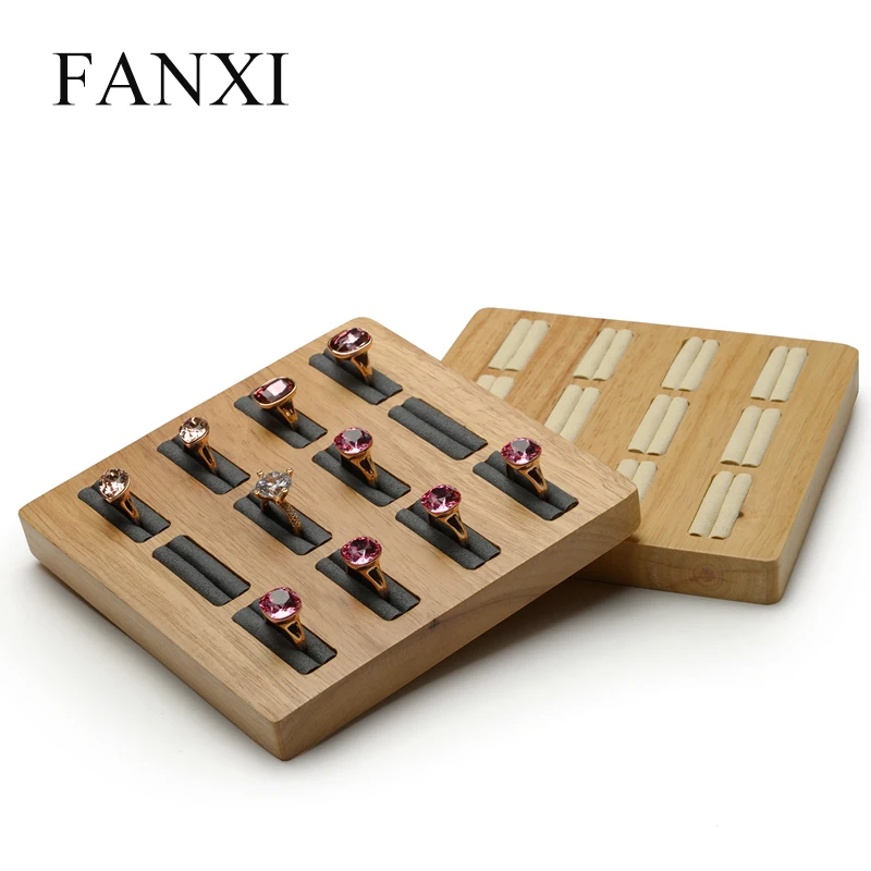 

FANXI Solid Wood Ring Display Stand 12 Slots Ring Holder with Microfiber insert Beige& Dark Grey Jewelry Tray Ring Organizer