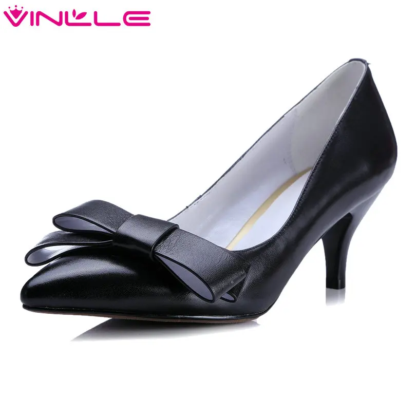 

VINLLE 2018 Women Pumps Pointed Toe Butterfly-Knot Genuine Leather Slip On Black Thin High Heel Ladies Wedding Shoes Size 34-39
