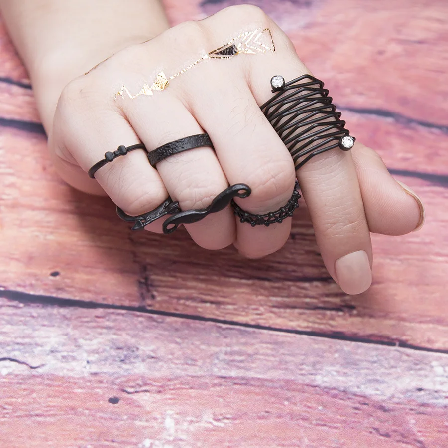 

6PCS / SET Exaggerate Hollow Helical mesh Party Rings High Quality Spider Net Beard Arrow Crystal Rhinestone Charm Ring Jewelry