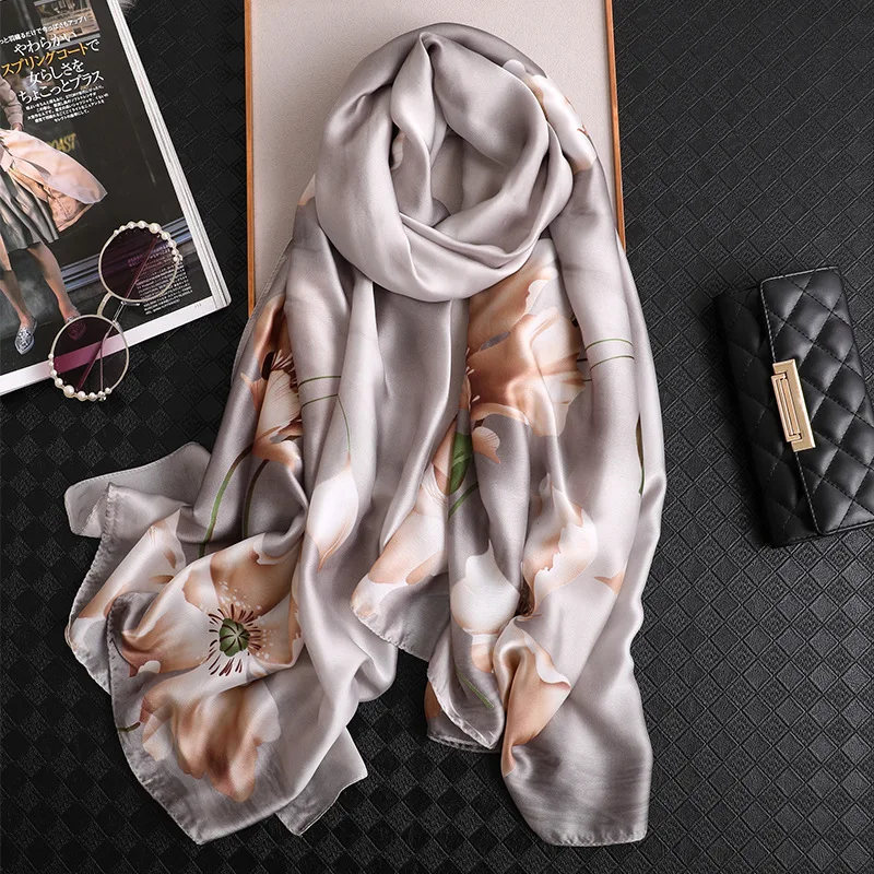 Шелковый шарф женский Шали Обертывания люксовый бренд путешествия Пашмина, хиджаб шарфы женские пляжные шарфы платок женский шейный платок парео пончо женское - Цвет: FS416-Gray