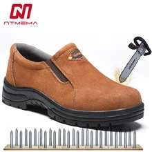 Мужская Рабочая защитная обувь размера плюс 37-45 защитная обувь из коровьей кожи со стальным носком без шнуровки Мужская дышащая Уличная обувь с прокалыванием