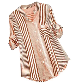 

High Quality Casual Women Plus Size Three Quarter Striped Print V-Neck Loose Fit Top Blouse Travel Teenage Holiday