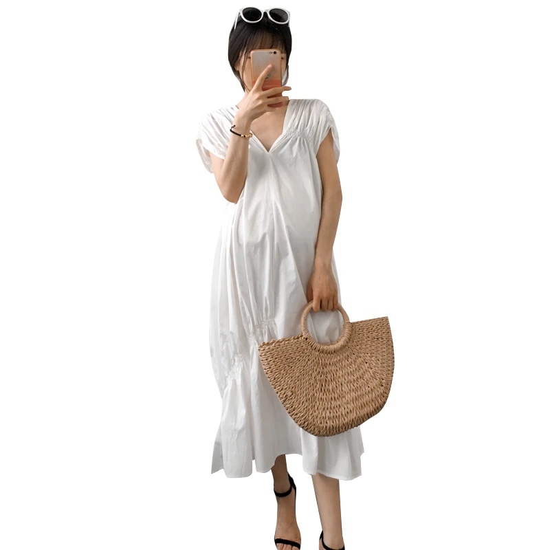 

Pregnant women clothing summer white dress fashion puff sleeve double V-neck elastic pleated piles of loose long dress clothes