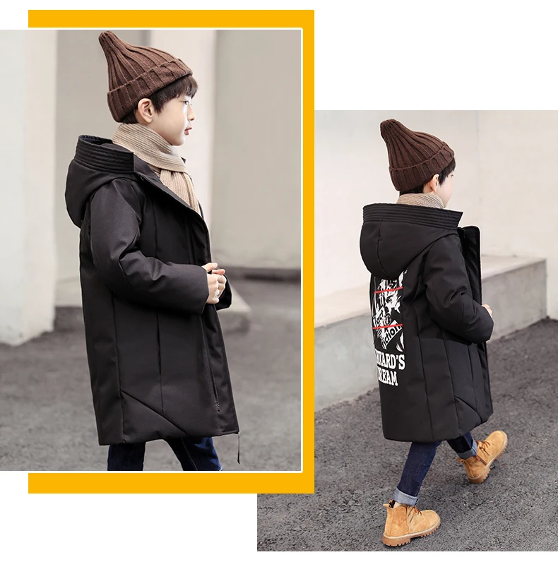 Коллекция года, зимнее пальто детская утепленная теплая уличная одежда длинная стильная одежда для мальчиков черное ветрозащитное Детское пальто зимняя куртка для мальчиков