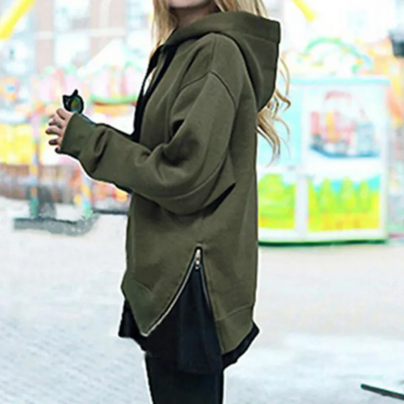 Zipper Solid Hoodies Women Loose Long Sleeve Oversized
