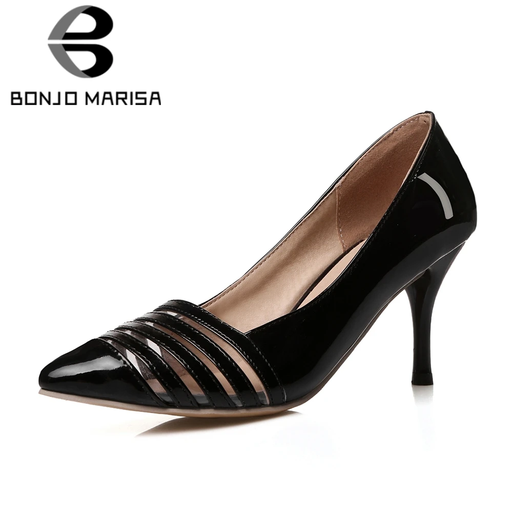 

BONJOMARISA 2019 Plus Size 30-48 spring autumn new dropship women patent pumps high heels sexy black office lady shoes woman
