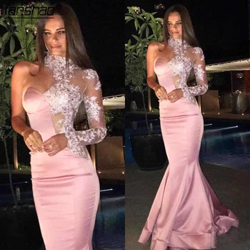 

2019 New Arabic Sheer Long Sleeve Evening Dress Lace Illusion Mermaid Prom Dress Vestidos De Fiesta Custom
