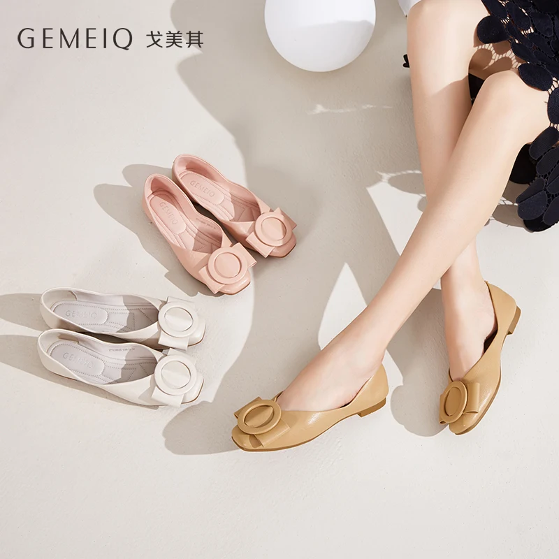 

GEMEIQ 2019 Autumn new women's flat shoes light mouth bow comfortable casual pure color shoes female pink rice white apricot