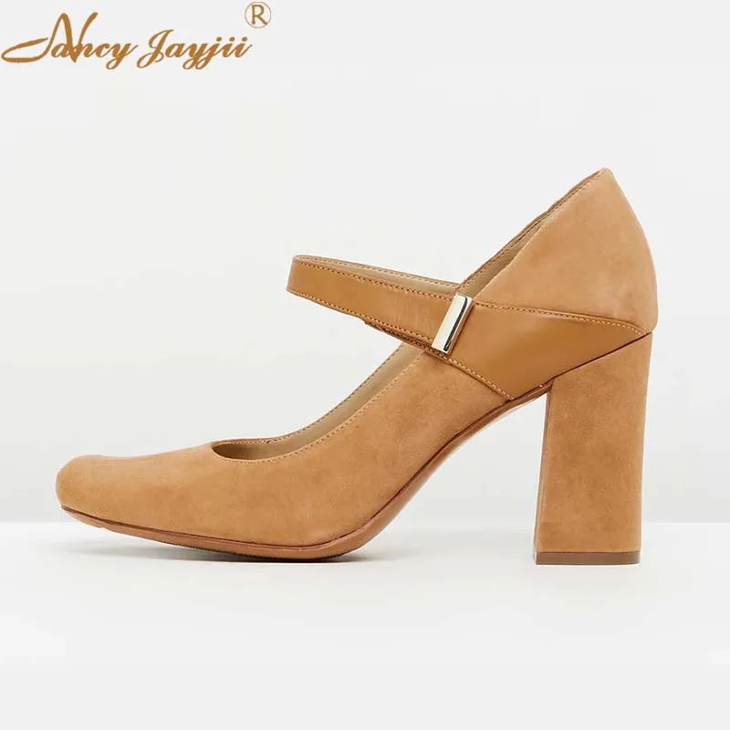 

Mary Jane Female Shoes Woman Pupms Flock Solid Super High Square heels Round Toe Hook&Look Casual Basic Fashion Leisure 2019