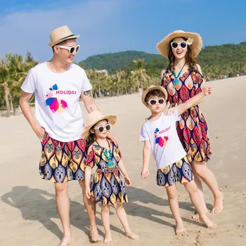 

Family Matching Clothes For Summer Holiday Style Mother And Daughter Dress Flower Boys Father T-shirt Short Sleeve+Pants Fami
