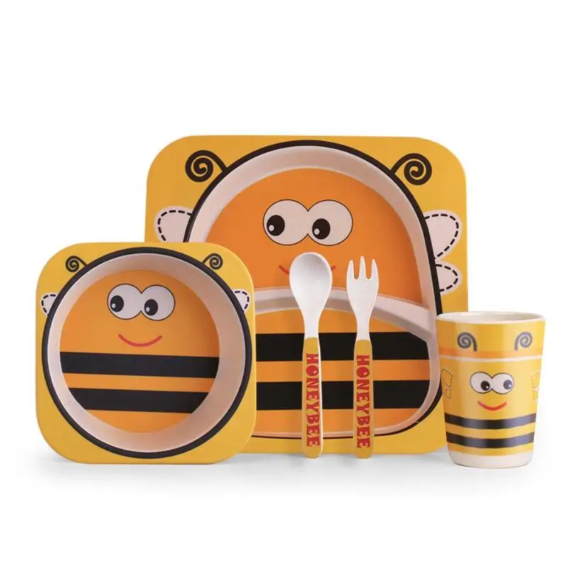 Yellow Bee 5 шт./компл. детское блюдо, посуда для детей, Мультяшные блюда для кормления, Детская натуральная посуда из бамбукового волокна с чашей, вилка, чашка, ложка, тарелка - Цвет: Yellow Bee