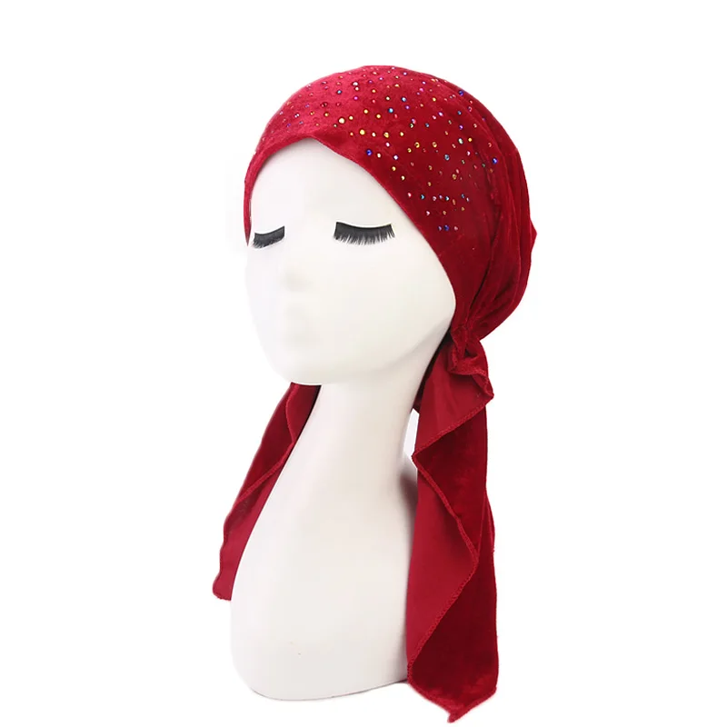 Новая мода женщин rhinestoned бархат предварительно завязанный головной убор химиотерапия шляпа тюрбан головы шарф бандана Tichel для рака дамы тюрбан