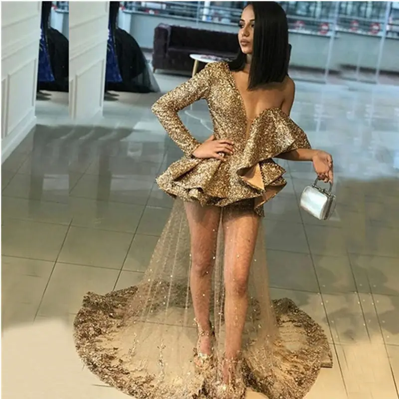 

Bling Gold Sequins Tulle Prom Dress Sexy One-Shoulder V-Neck Ruffles Evening Gowns Custom Made Formal Party Dresses