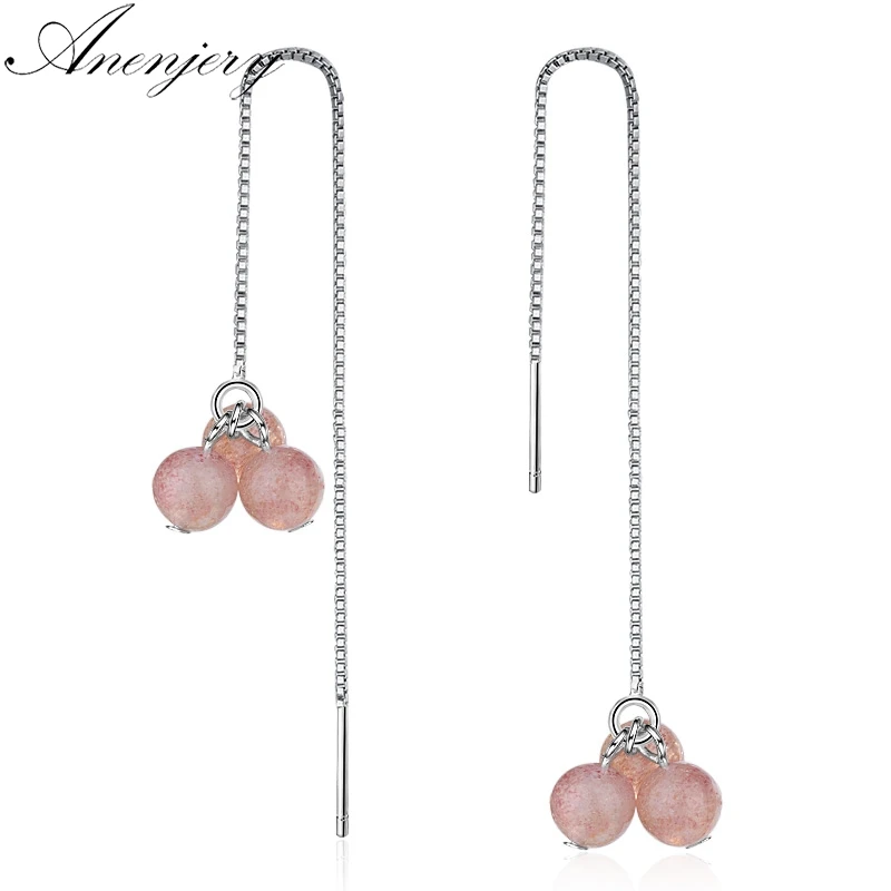 Anenjery Новинка Горячая Распродажа 925 пробы серебро натуральный Клубника Кристалл Длинные бусы с кисточкой серьги для женщин pendientes S-E591
