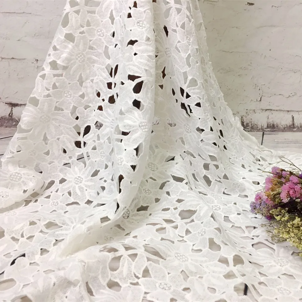 

High Quality Leaf Pattern Design Water Soluble Lace Fabric For Wedding Dress DIY Milk Silk Lace fabric