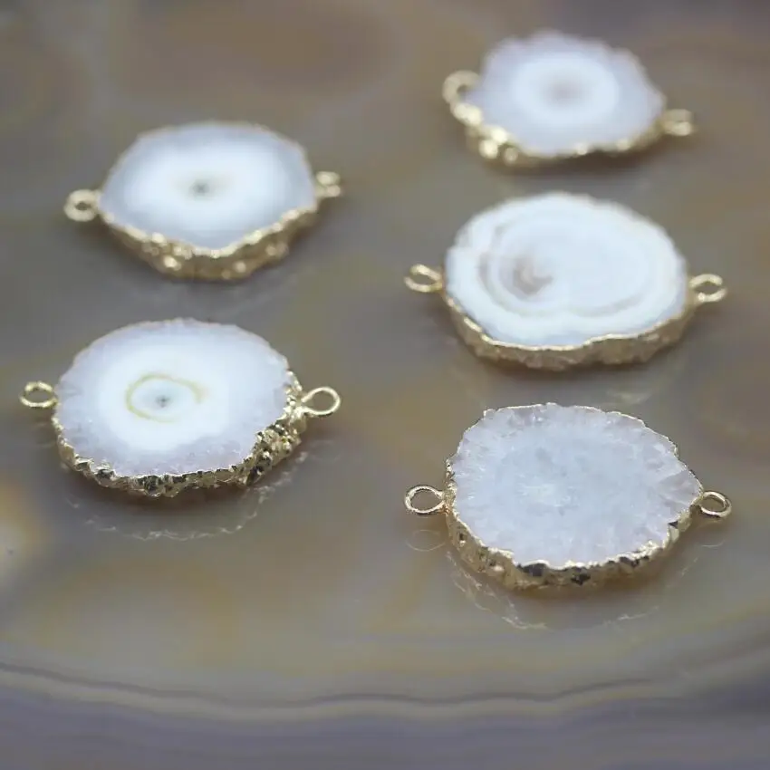 

5Pcs/lot,Natural White Raw Solar Quartz Drusy Geode Slabs Gold Edges Connectors Charms,Sun Flower Druzy Nugget Pendants Jewelry