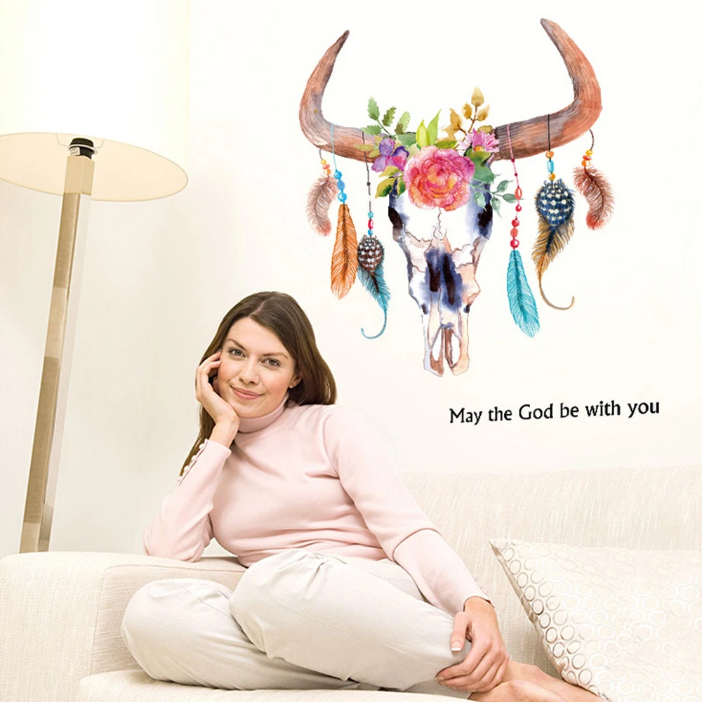 Multicolored Feather Bull Head Wall Sticker DIY Home Decal Art Poster Murals kids Baby Room Living Bedroom Decorative Vinyl | Дом и сад