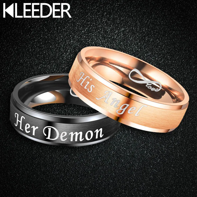 KLEEDER Stainless Titanium Steel Couple Rings Black Her Demon His Angel Lovers' Fashion Jewelry Anniversary Valentine's Day Gift